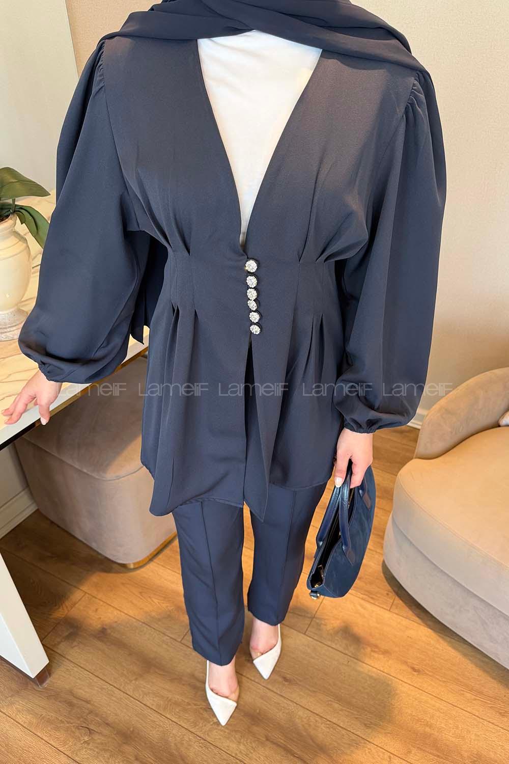 Lamelif Taşlı Düğme Detaylı Takım Lacivert