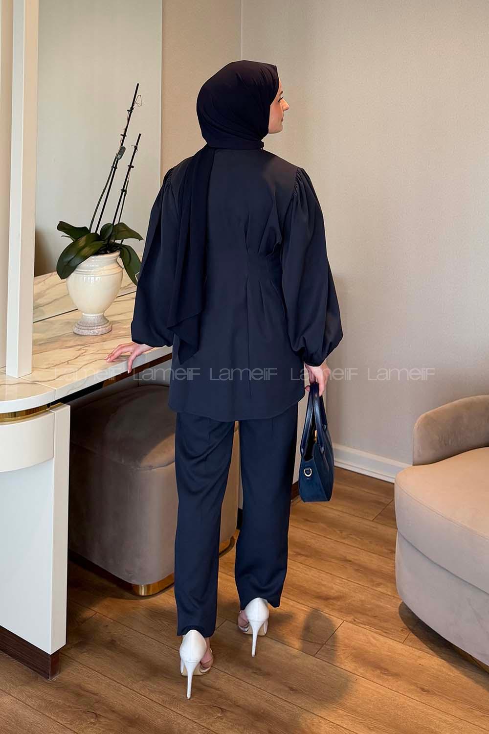 Lamelif Taşlı Düğme Detaylı Takım Lacivert