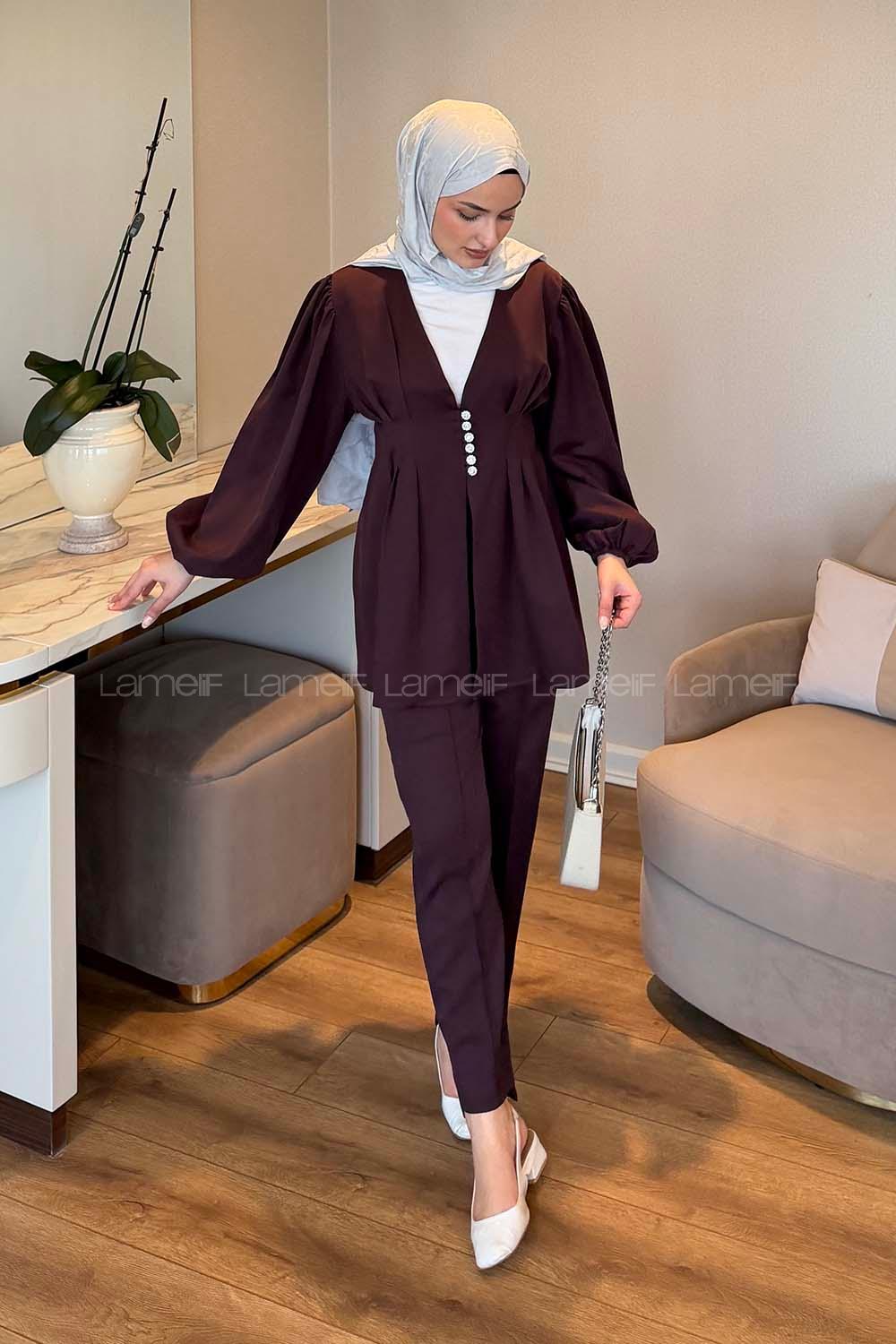 Lamelif Taşlı Düğme Detaylı Takım Mürdüm