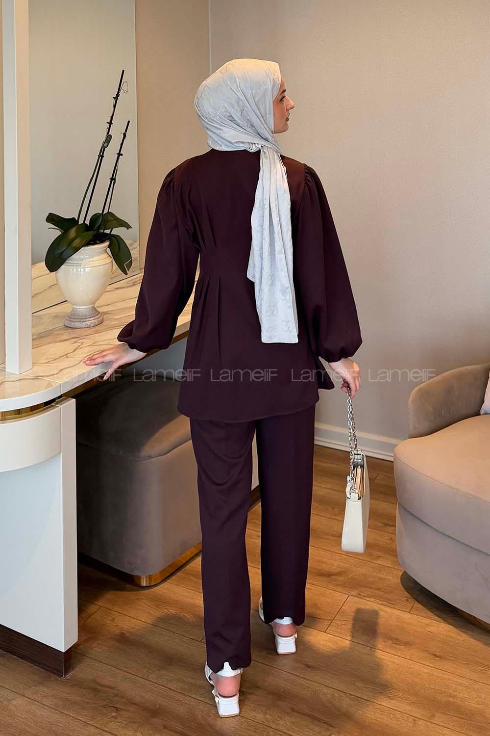 Lamelif Taşlı Düğme Detaylı Takım Mürdüm