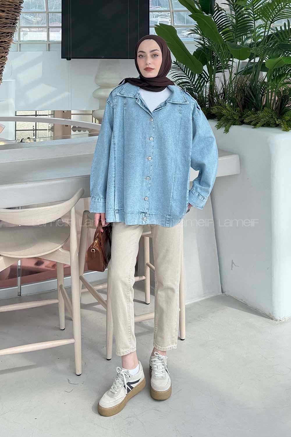 Lamelif Apolet Detaylı Kot Ceket Buz Mavisi