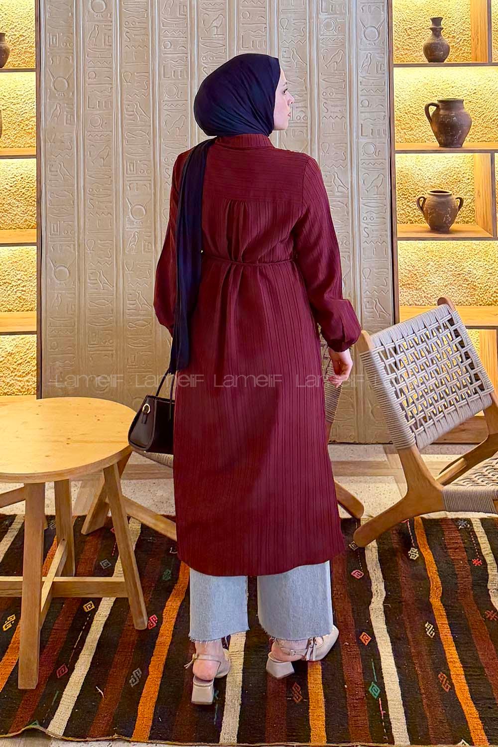 Lamelif Arka Roba Büzgü Detaylı Elbise Bordo