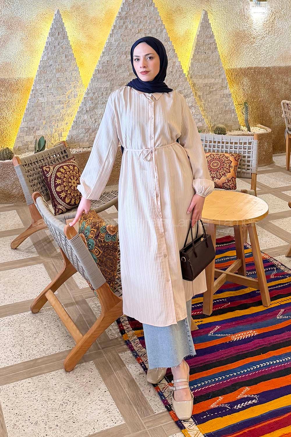 Lamelif Arka Roba Büzgü Detaylı Elbise Taş Rengi