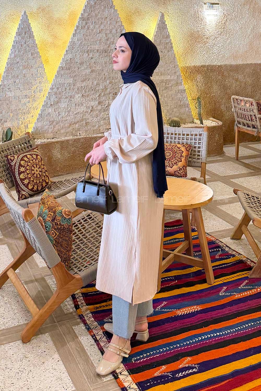 Lamelif Arka Roba Büzgü Detaylı Elbise Taş Rengi