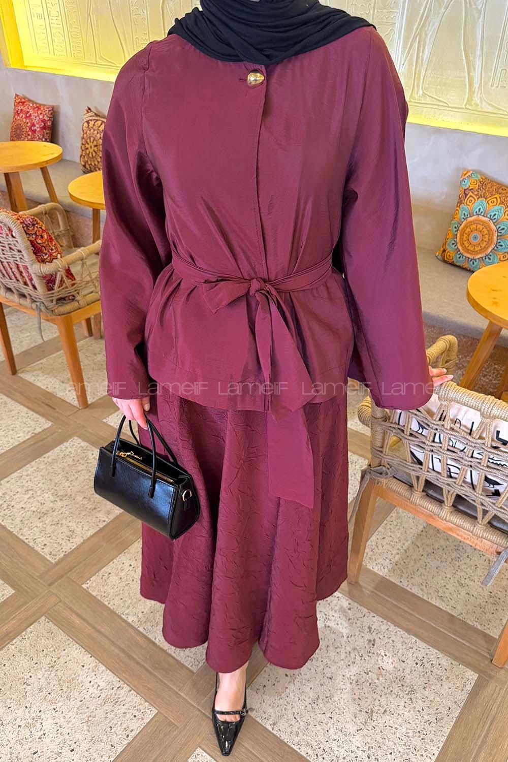 Lamelif Bağcıklı Etek-Bluz İkili Takım Bordo