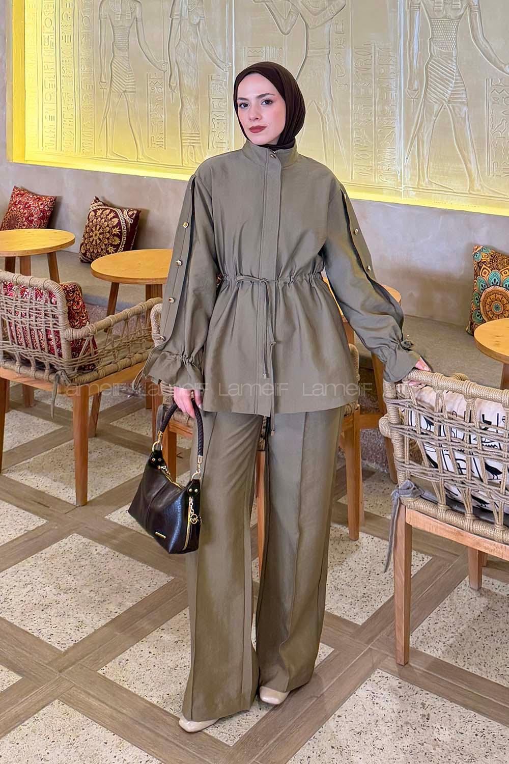 Lamelif Bağlama Detaylı Etekli Takım Haki