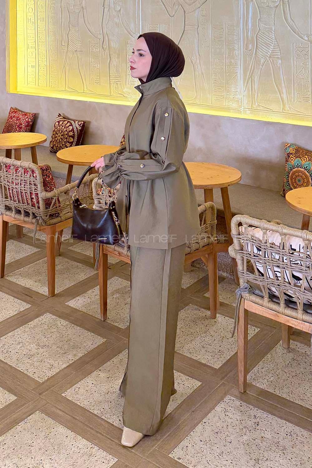 Lamelif Bağlama Detaylı Etekli Takım Haki