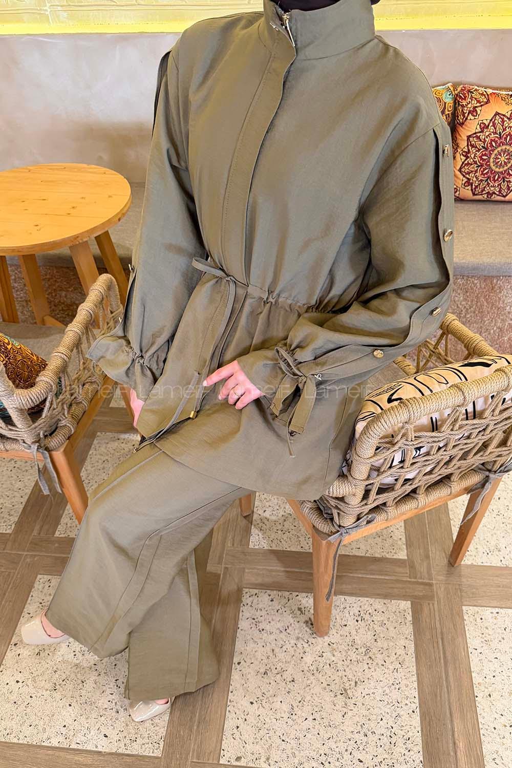 Lamelif Bağlama Detaylı Etekli Takım Haki