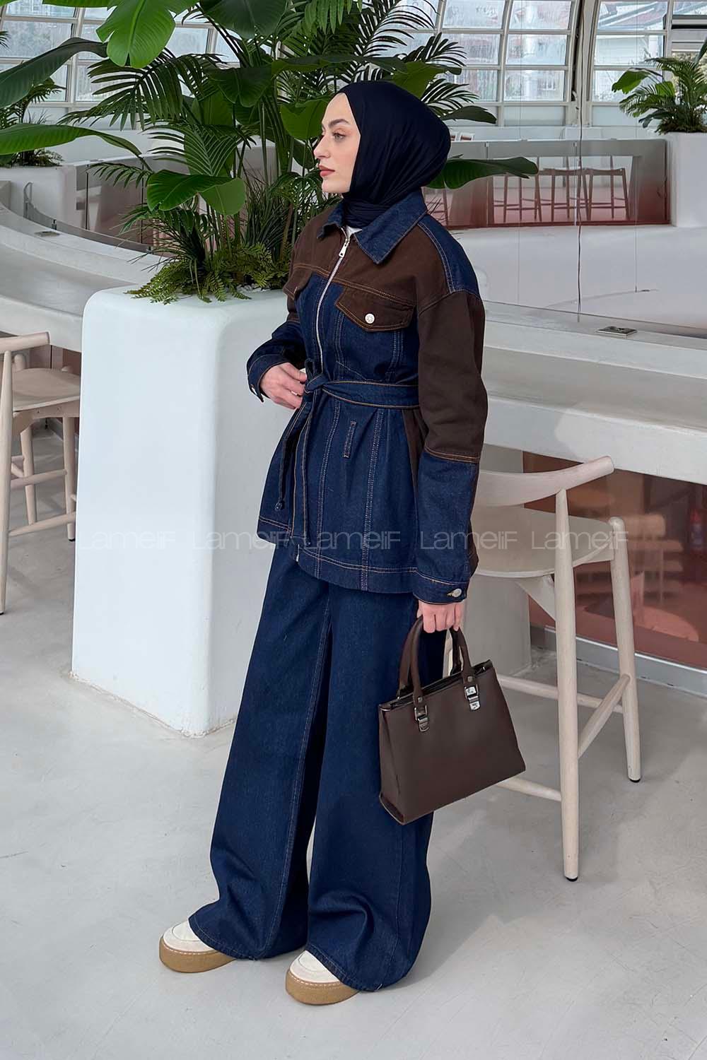 Lamelif Bağlama Detaylı Garnili Takım Kot Mavisi