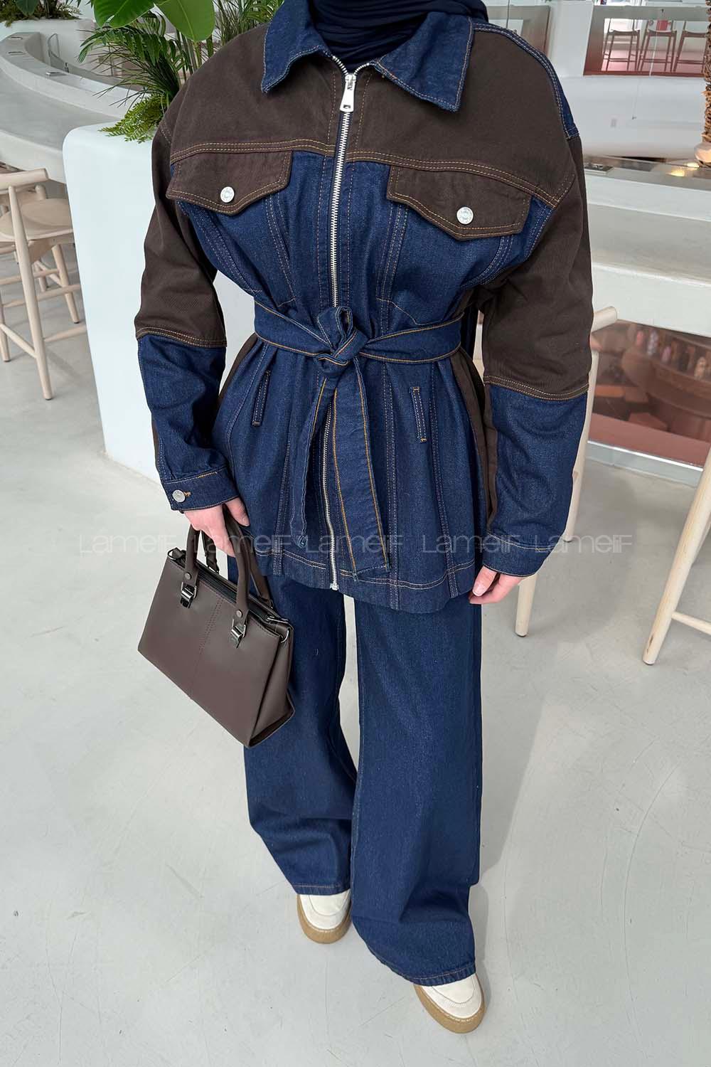 Lamelif Bağlama Detaylı Garnili Takım Kot Mavisi