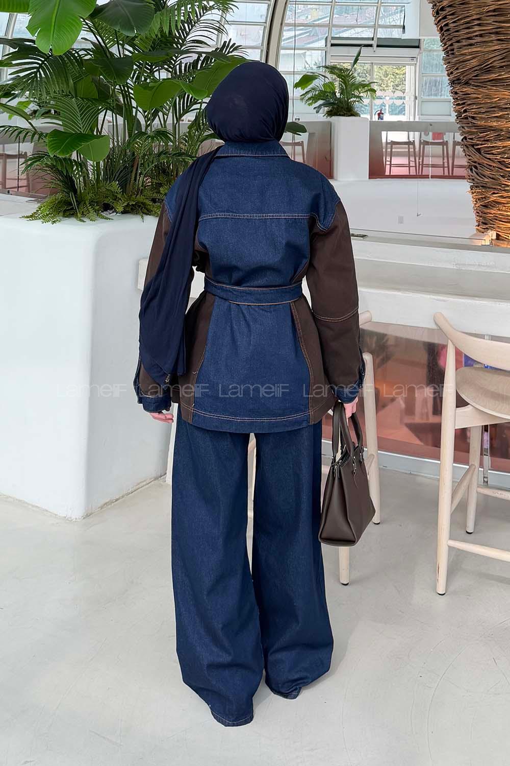 Lamelif Bağlama Detaylı Garnili Takım Kot Mavisi