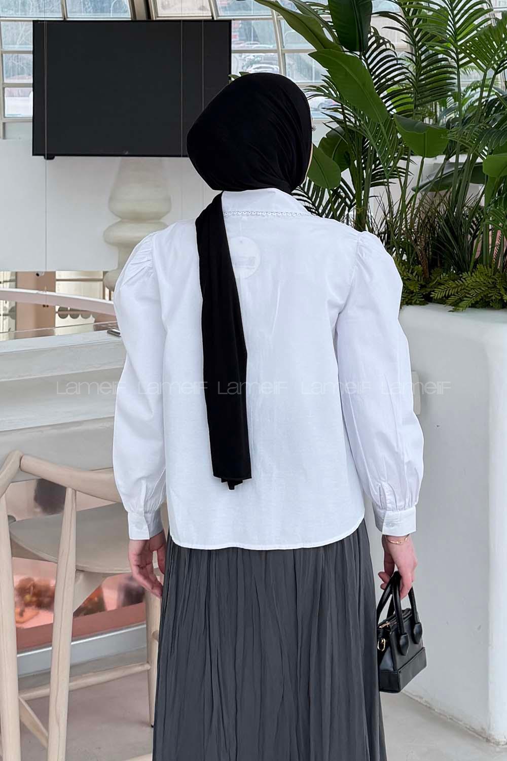 Lamelif Bebe Yaka Dantel Dikişli Gömlek Beyaz