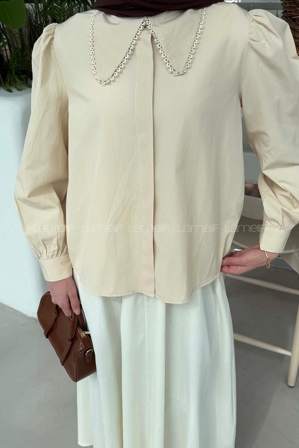 Lamelif Bebe Yaka Dantel Dikişli Gömlek Krem