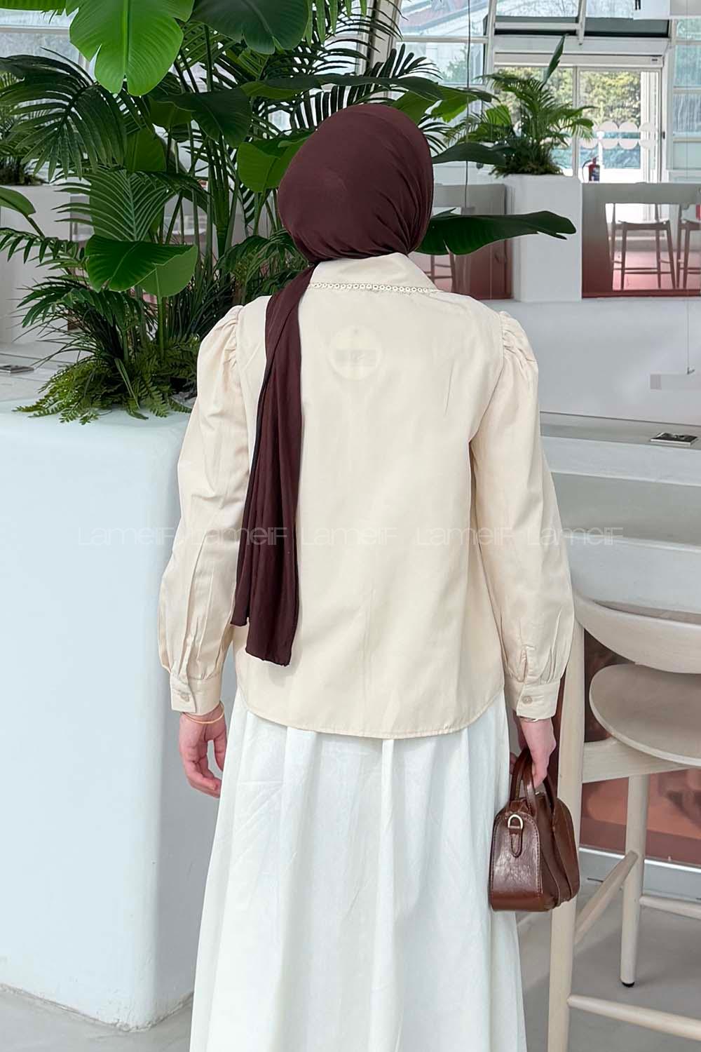 Lamelif Bebe Yaka Dantel Dikişli Gömlek Krem