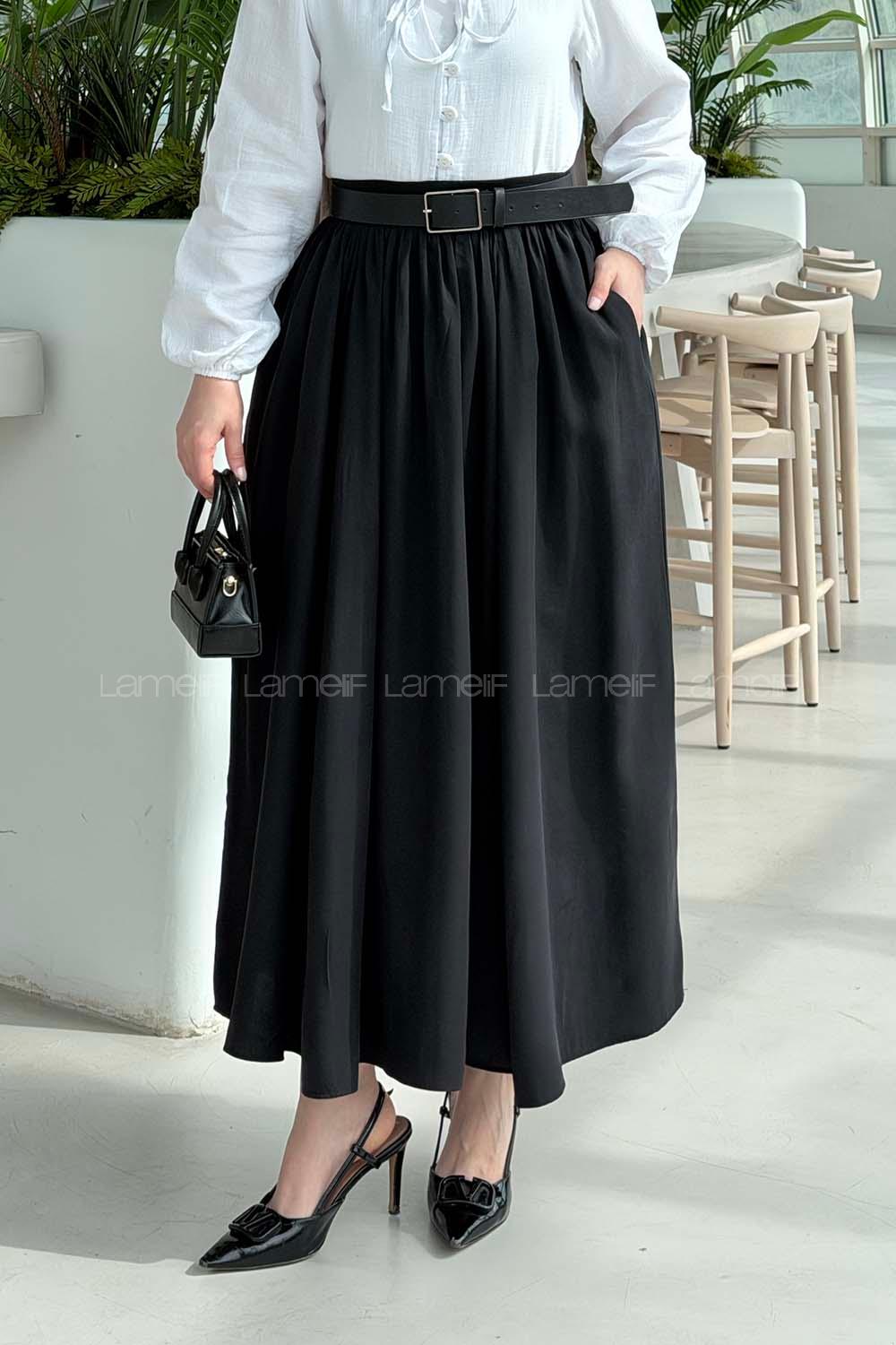 Black Viscose Fabric Polyester Flared Skirt Skirt
