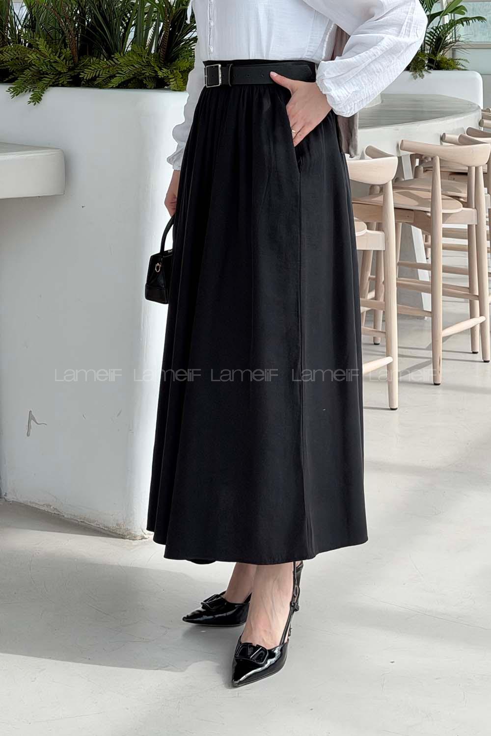Black Viscose Fabric Polyester Flared Skirt Skirt