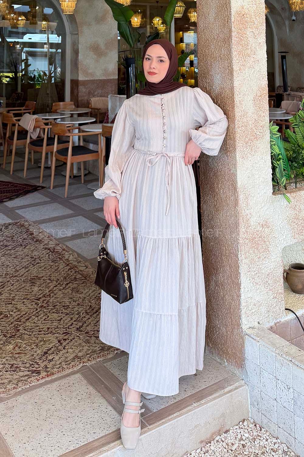 Lamelif Biritli Tesettür Elbise Taş