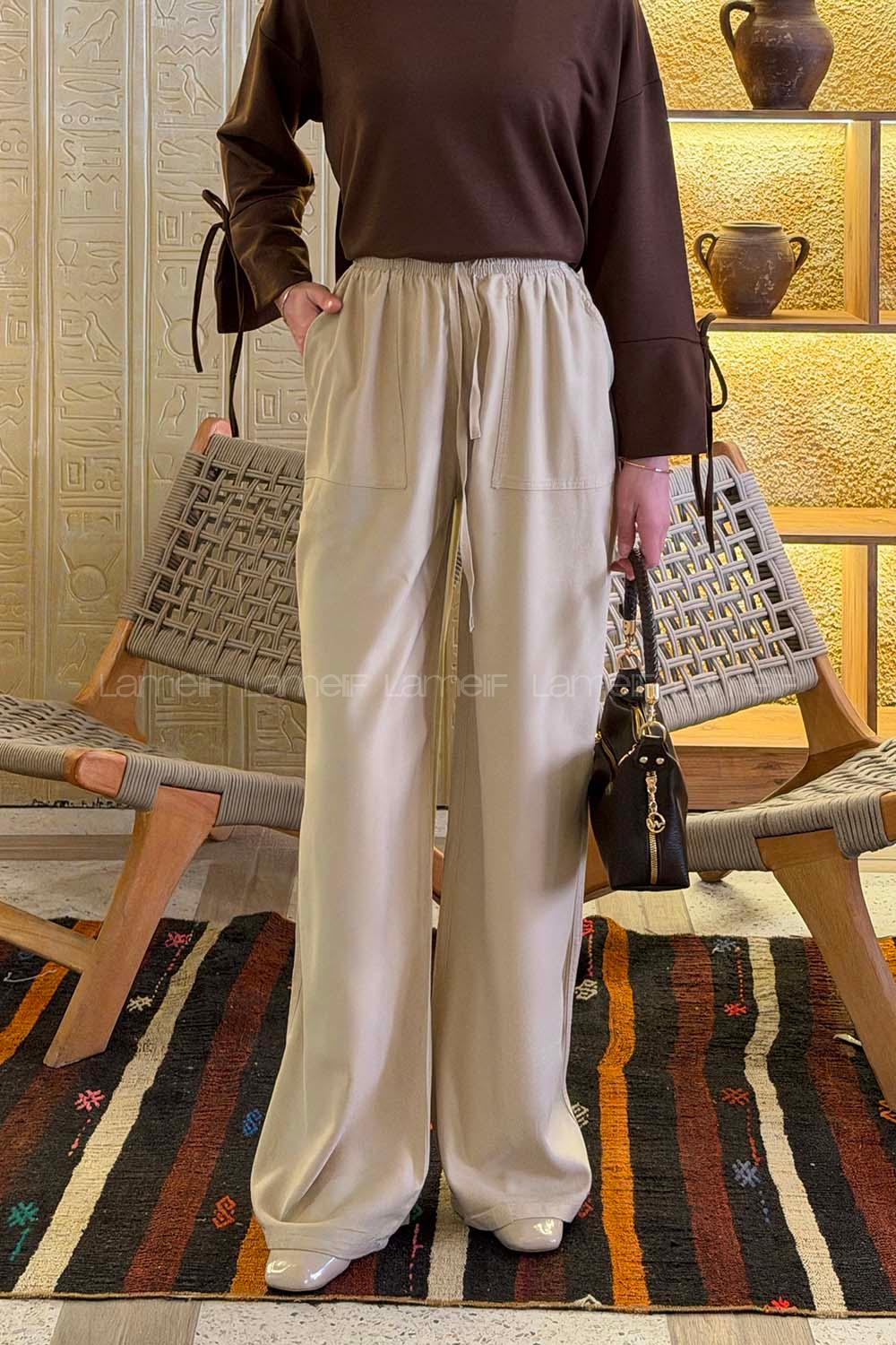 Lamelif Bol Paça Yüksek Bel Palazzo Pantolon Taş Rengi