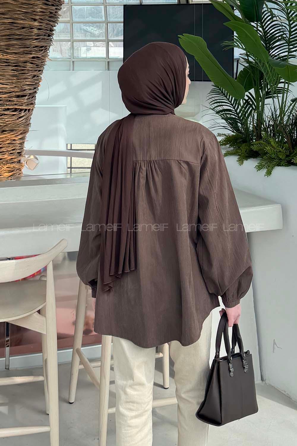 Lamelif Brit düğmeli V Yaka Gömlek Acı Kahve