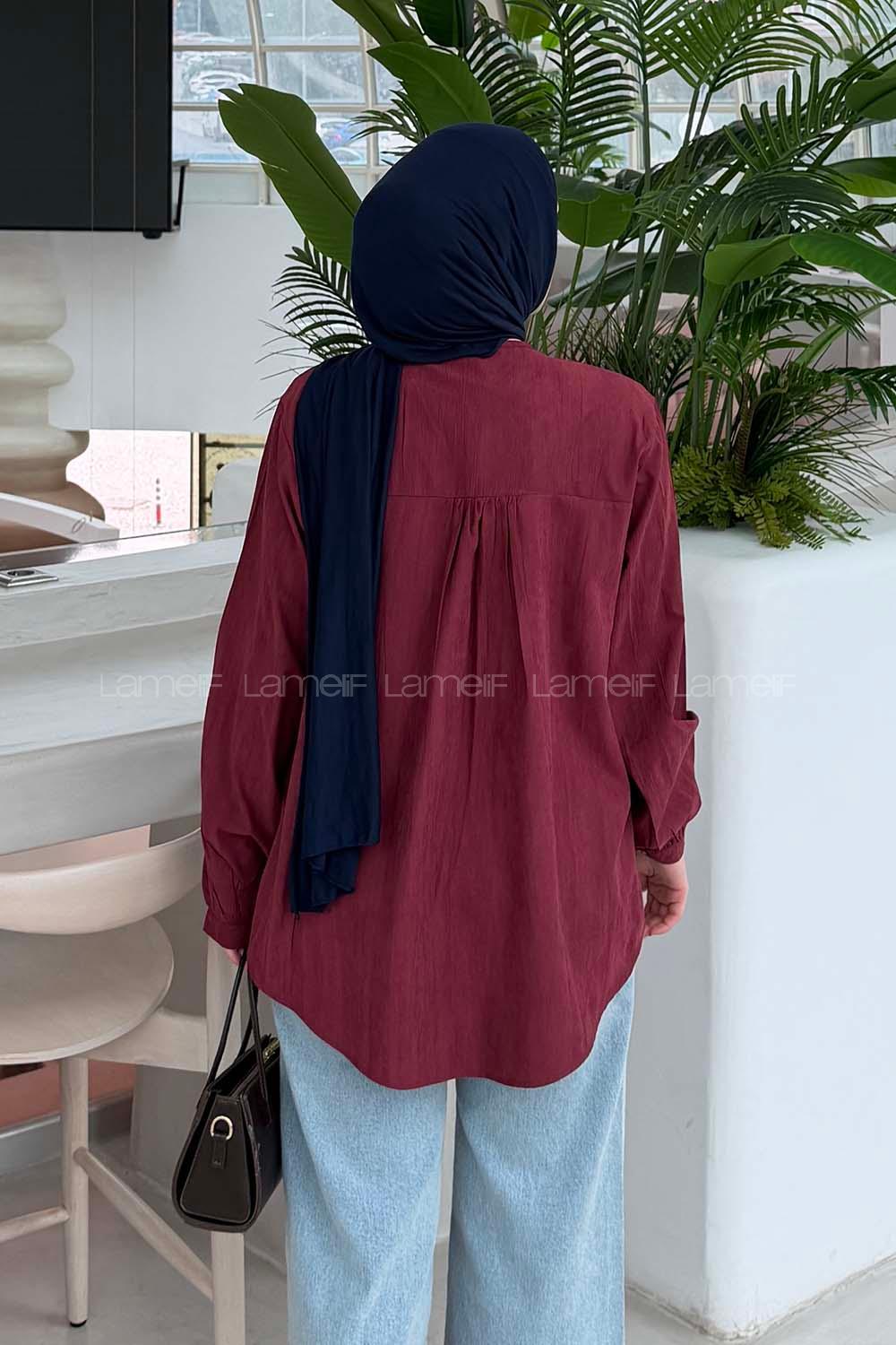 Lamelif Brit düğmeli V Yaka Gömlek Bordo