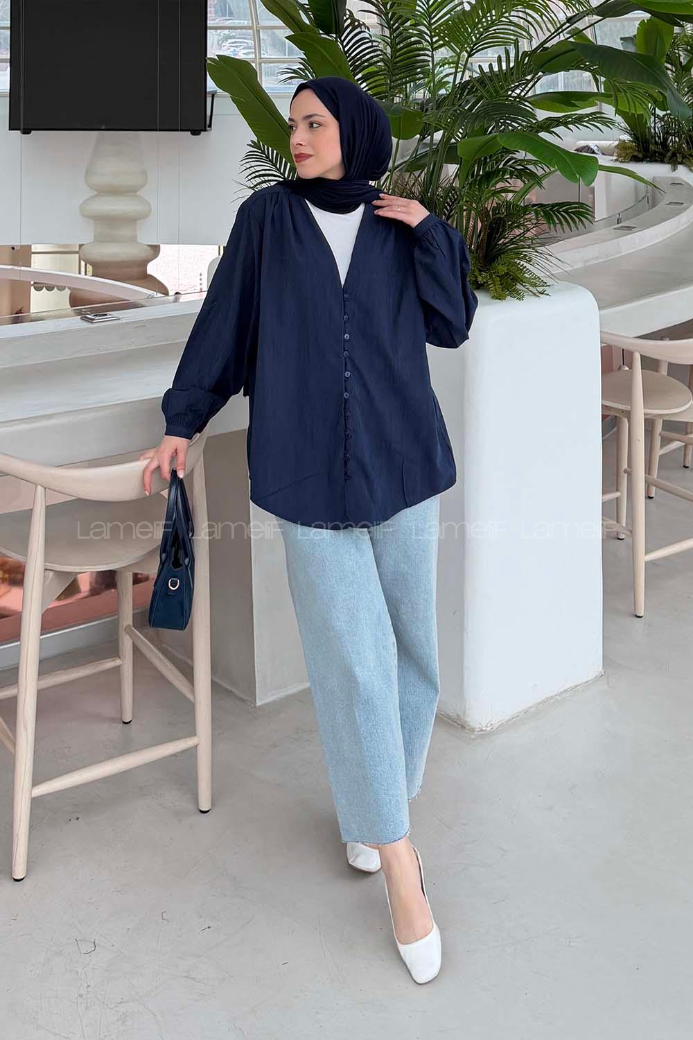 Lamelif Brit düğmeli V Yaka Gömlek Lacivert