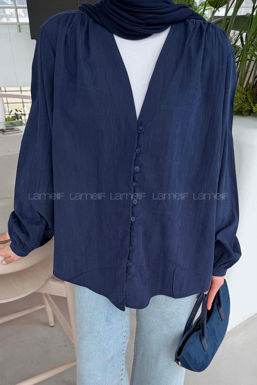 Lamelif Brit düğmeli V Yaka Gömlek Lacivert