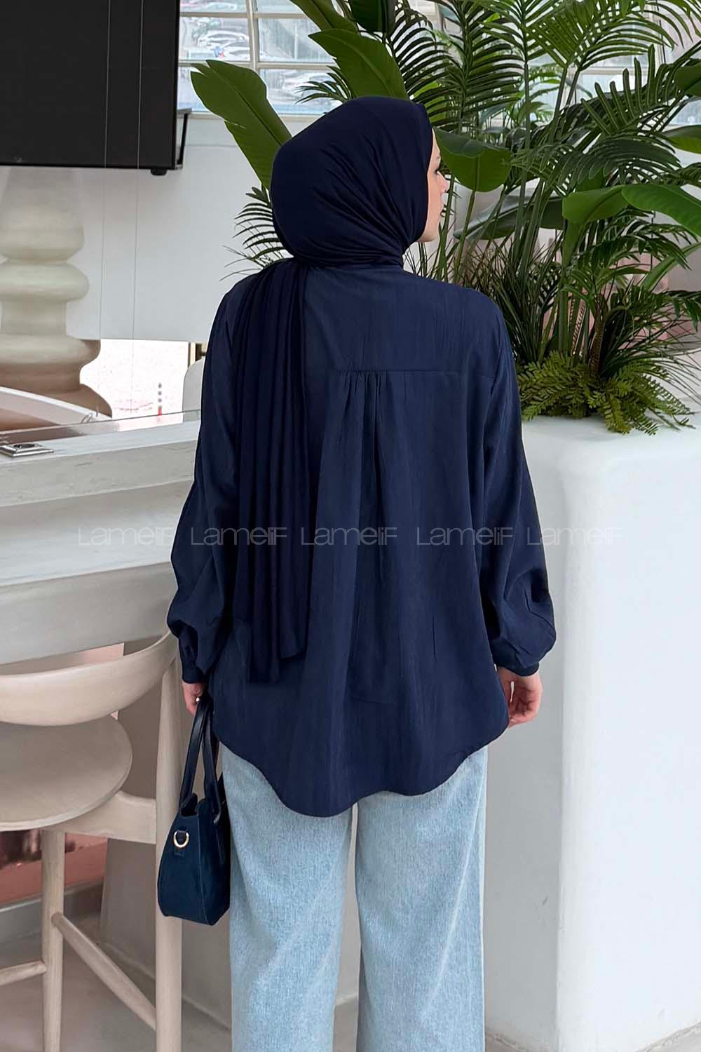 Lamelif Brit düğmeli V Yaka Gömlek Lacivert