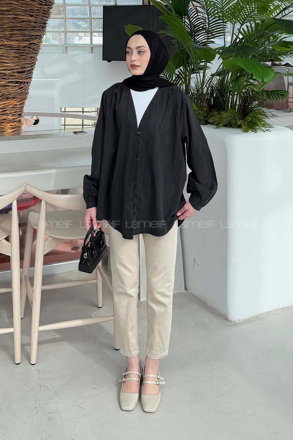 Lamelif Brit düğmeli V Yaka Gömlek Siyah