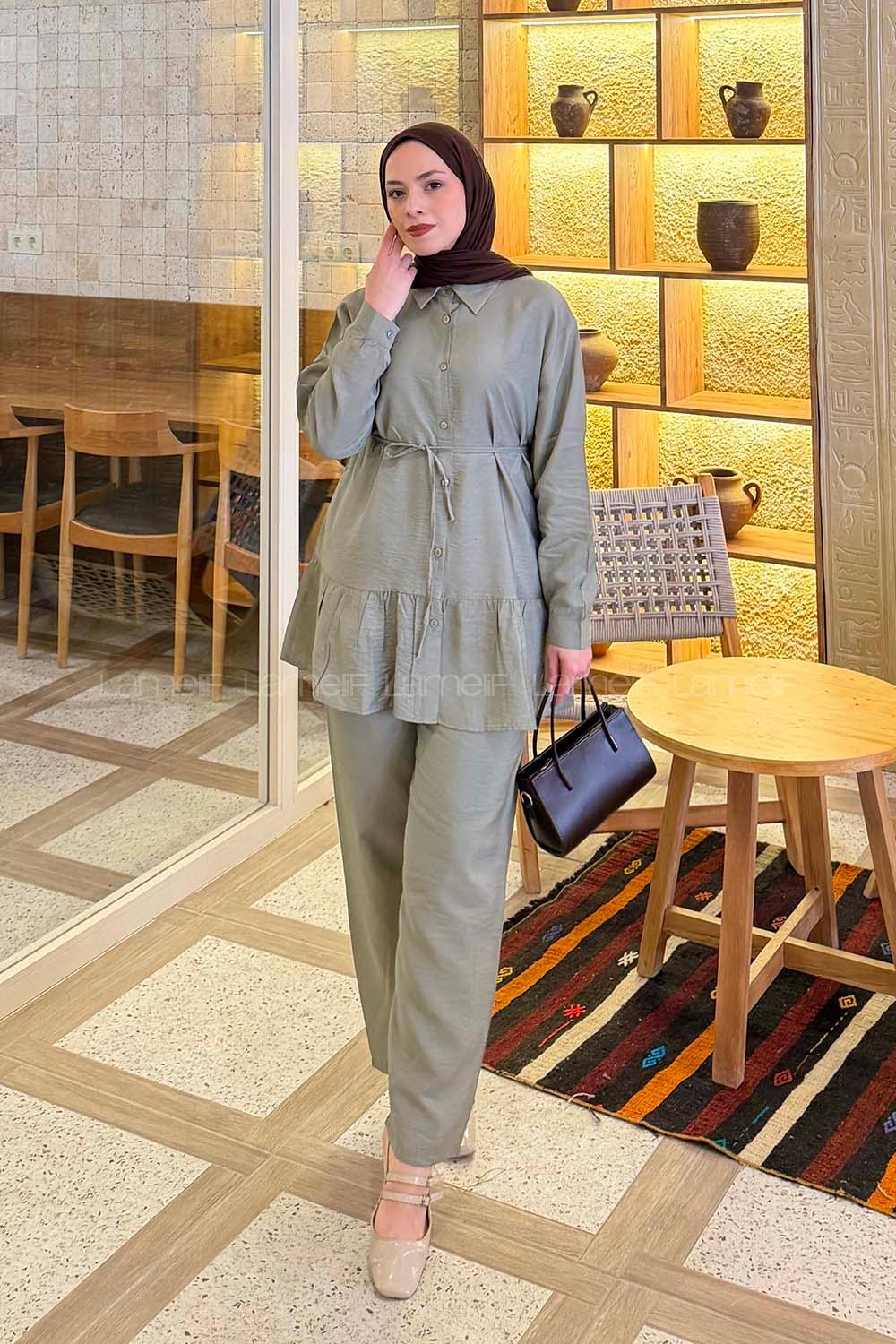 Mint Green Shirt Collar Long Arm Cotton Lycra Regular Trousers Material Suit