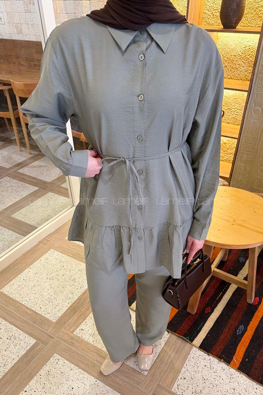 Mint Green Shirt Collar Long Arm Cotton Lycra Regular Trousers Material Suit