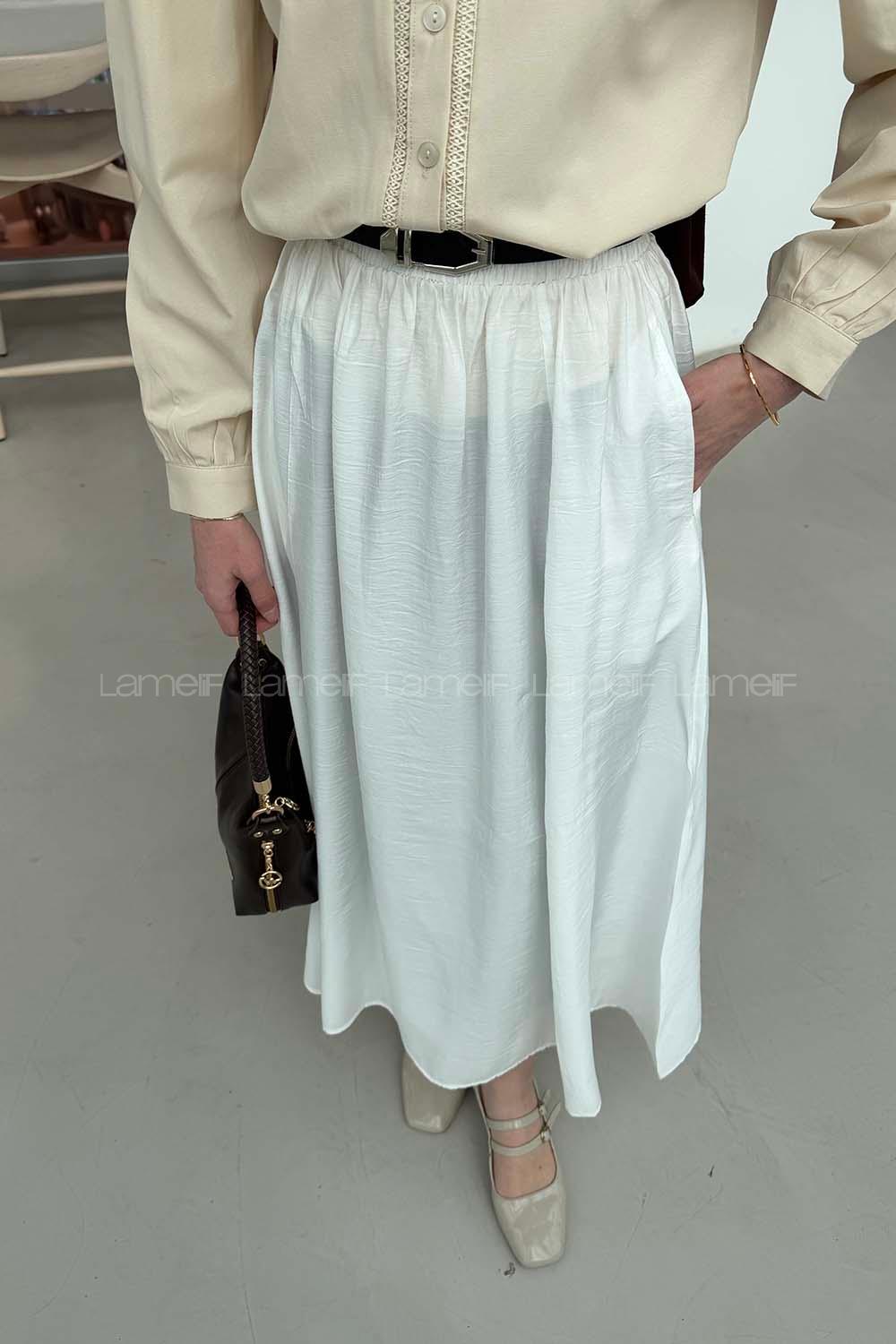 Lamelif Cep Detaylı Etek Ekru