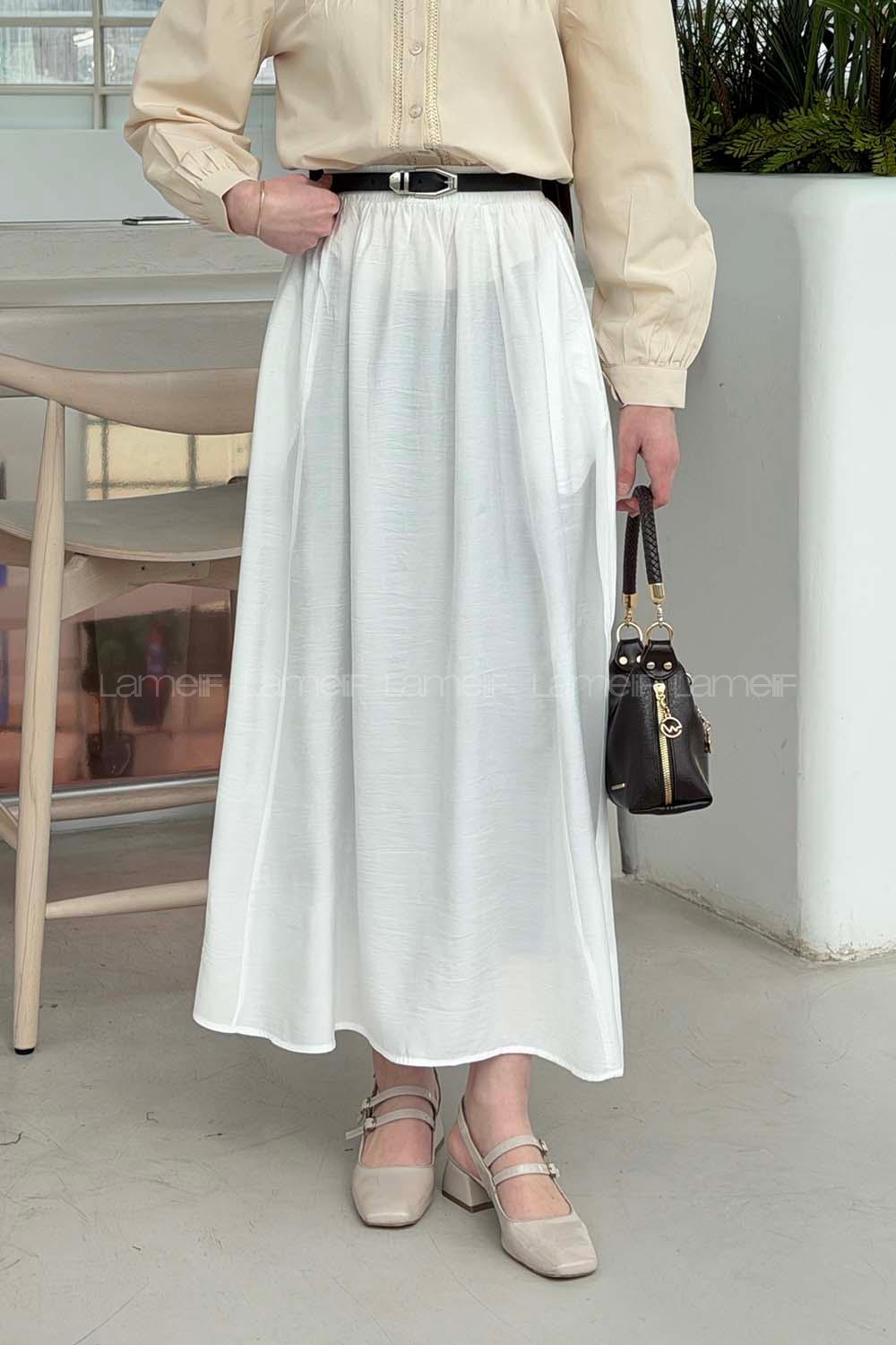 Lamelif Cep Detaylı Etek Ekru