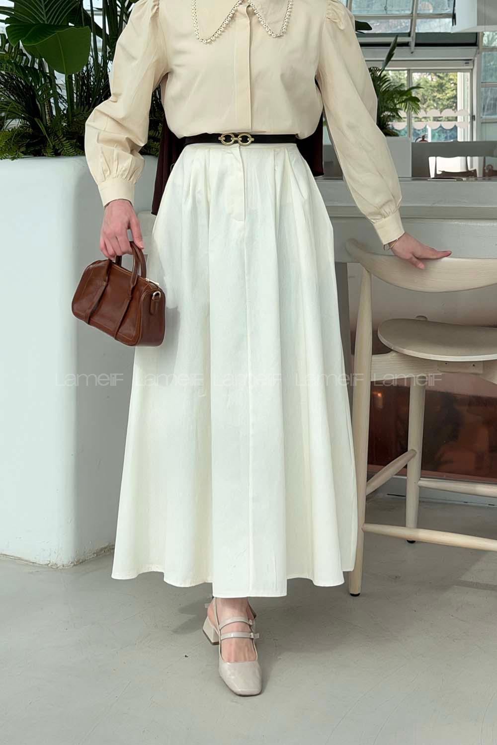 Lamelif Cep Detaylı Kloş Keten Etek Krem