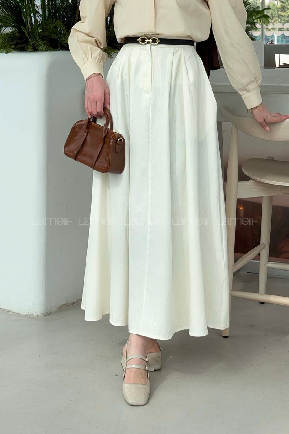 Lamelif Cep Detaylı Kloş Keten Etek Krem