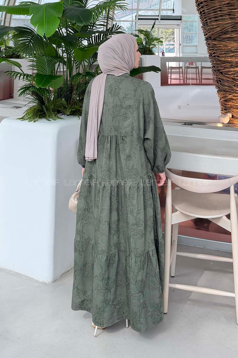 Lamelif Çiçek Desenli Elbise Haki