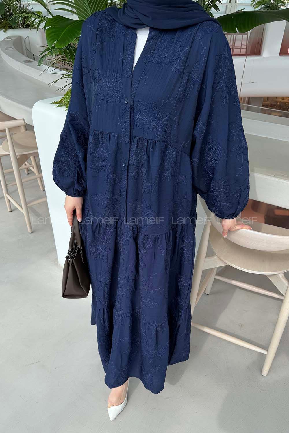 Lamelif Çiçek Desenli Elbise Lacivert