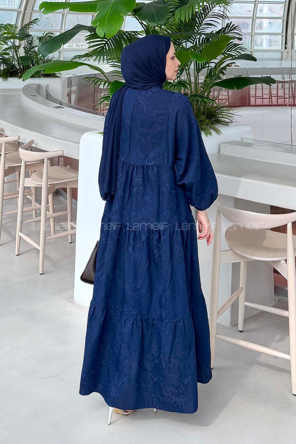 Lamelif Çiçek Desenli Elbise Lacivert