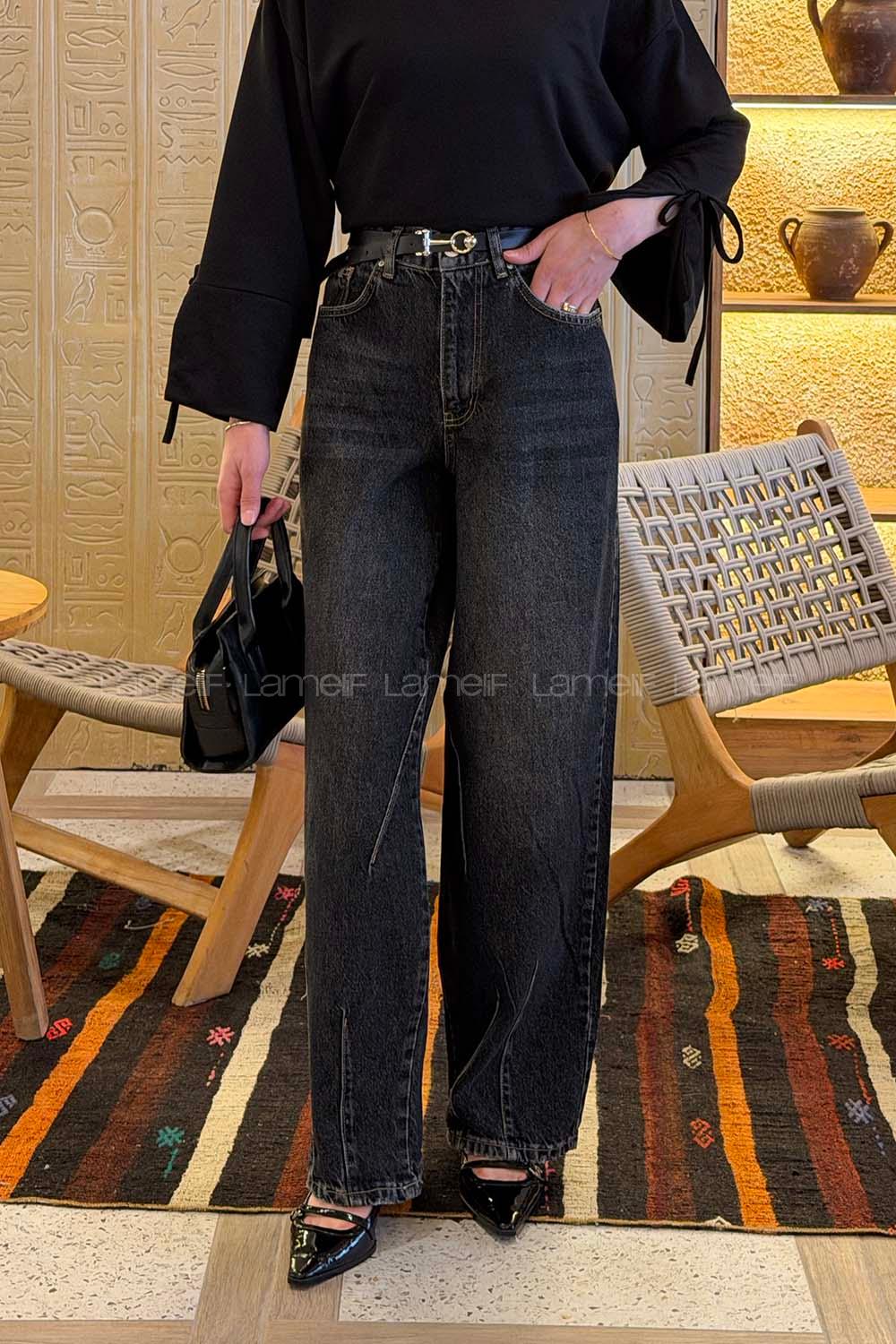 Lamelif Çift Pensli Boyfriend Pantolon Koyu Gri