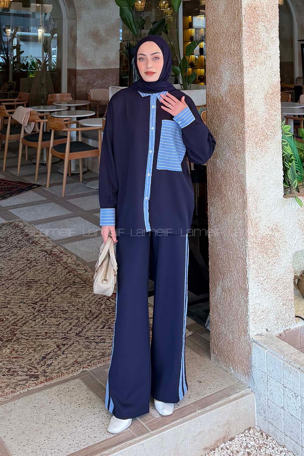 Lamelif Çizgili Pantolonlu Takım Lacivert