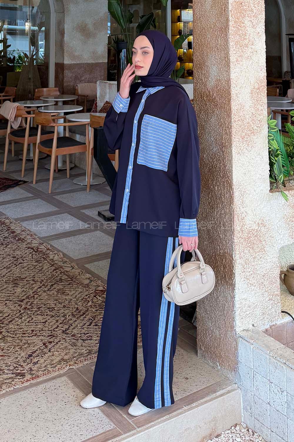 Lamelif Çizgili Pantolonlu Takım Lacivert