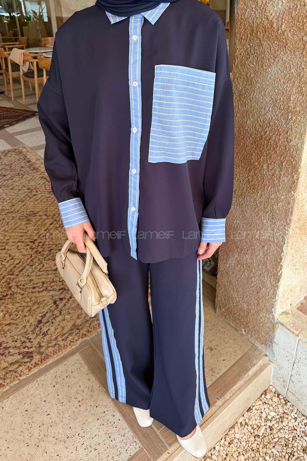 Lamelif Çizgili Pantolonlu Takım Lacivert