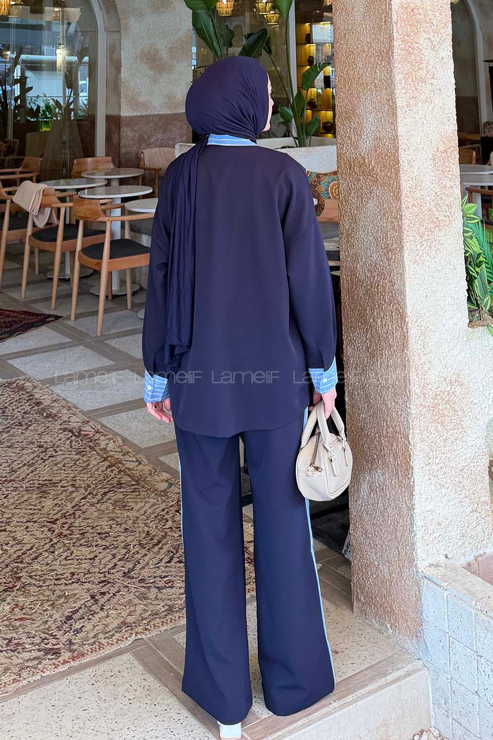 Lamelif Çizgili Pantolonlu Takım Lacivert