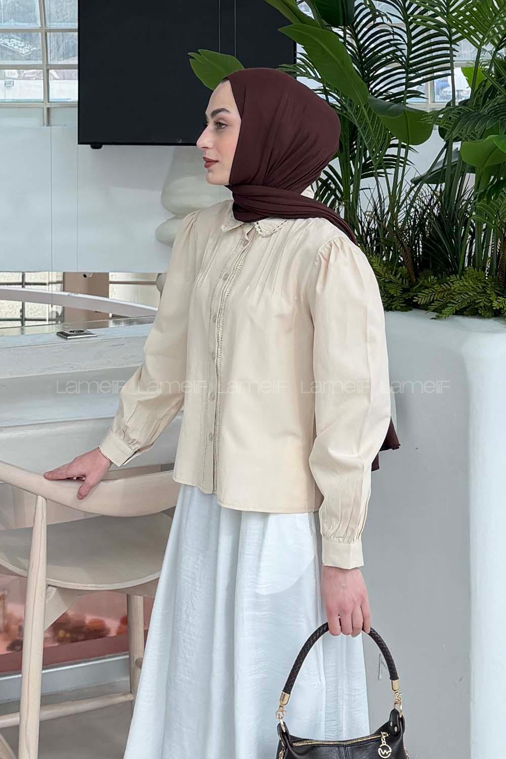Lamelif Dantel Dikişli Gömlek Krem
