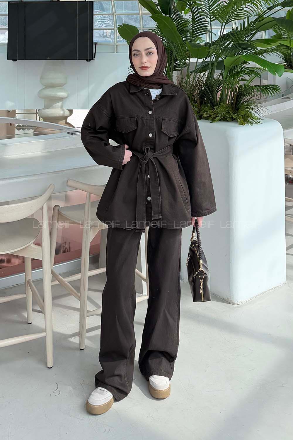 Dark Brown Shirt Collar Long Arm Denim Regular Trousers Comfortable Suit