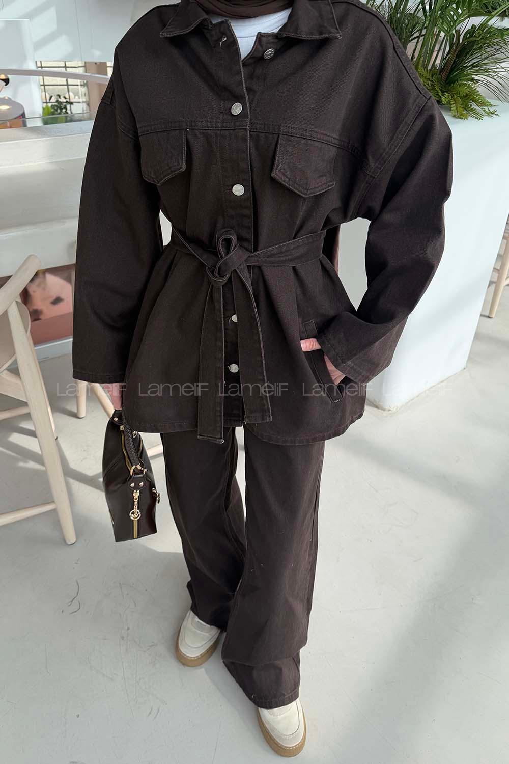 Dark Brown Shirt Collar Long Arm Denim Regular Trousers Comfortable Suit