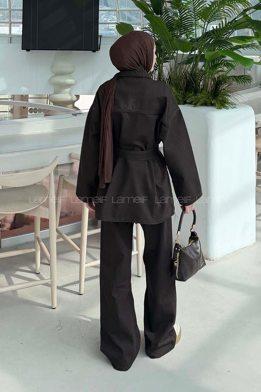 Dark Brown Shirt Collar Long Arm Denim Regular Trousers Comfortable Suit