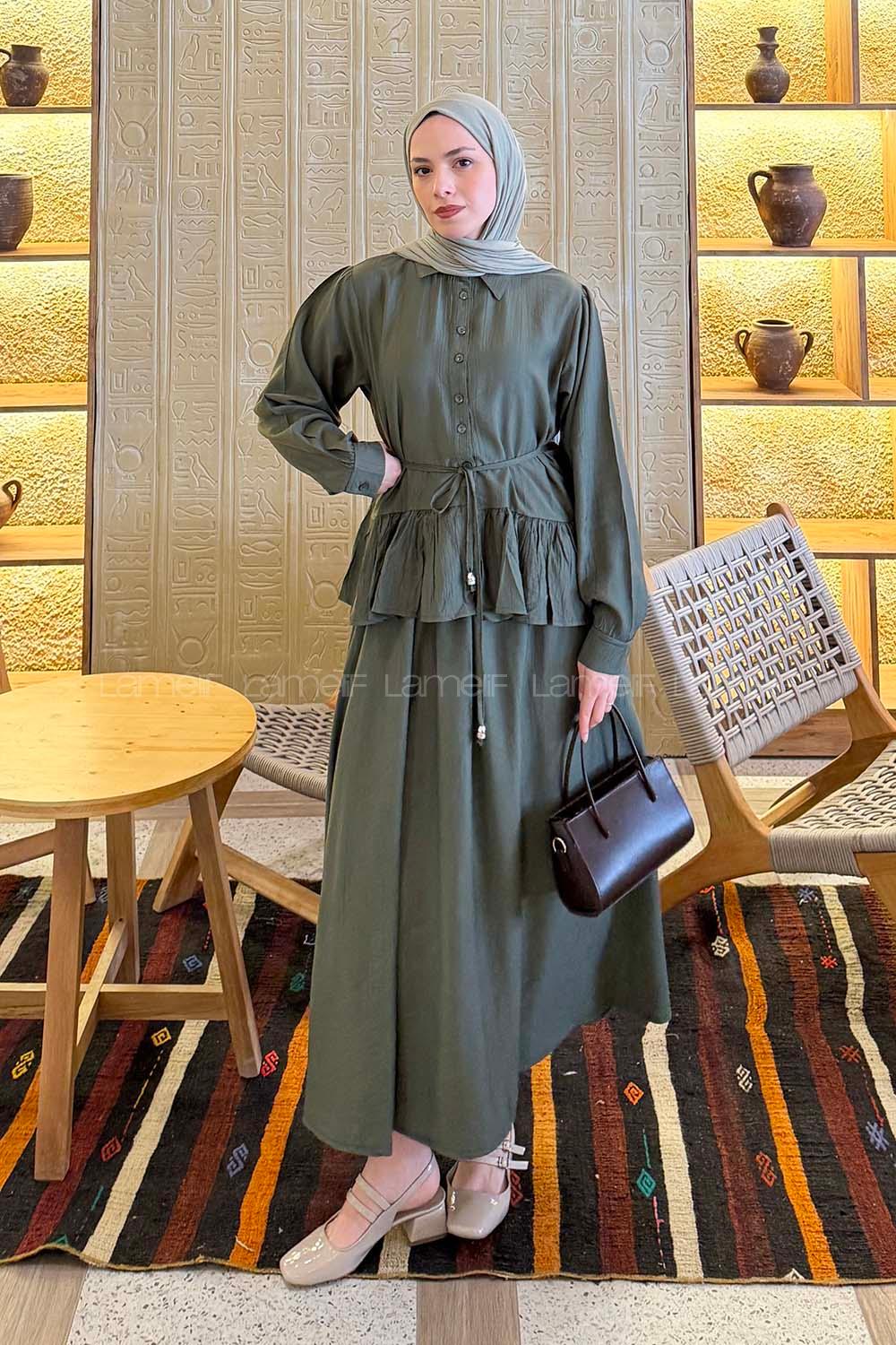 Lamelif Etek Ucu Pileli Bağlamalı Takım Haki