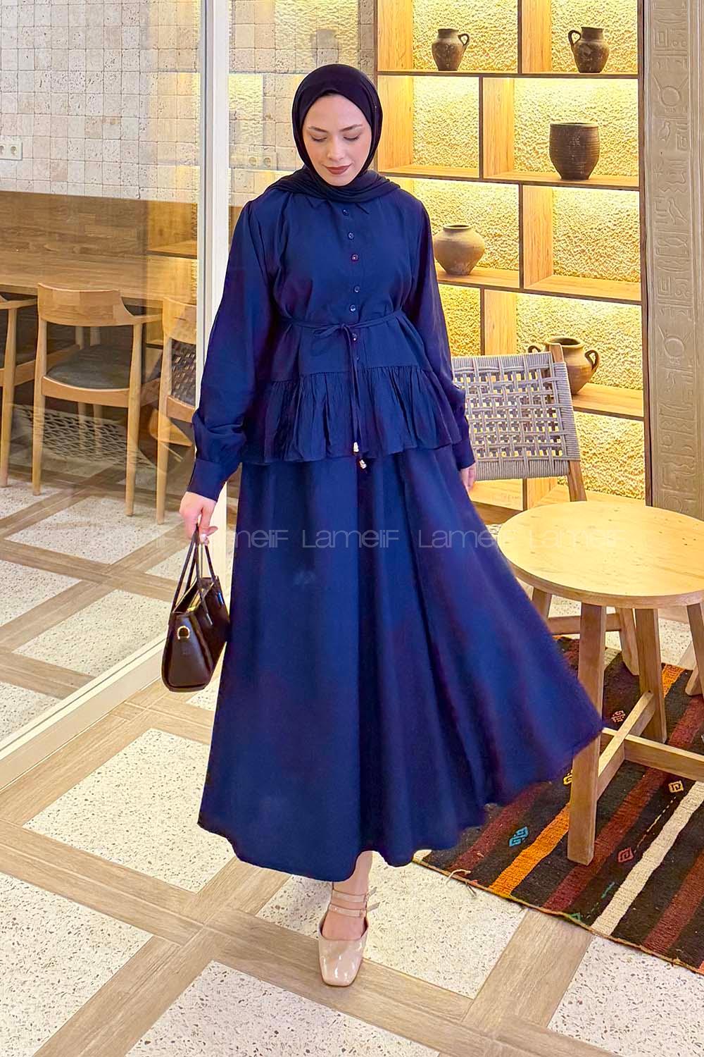 Lamelif Etek Ucu Pileli Bağlamalı Takım Lacivert