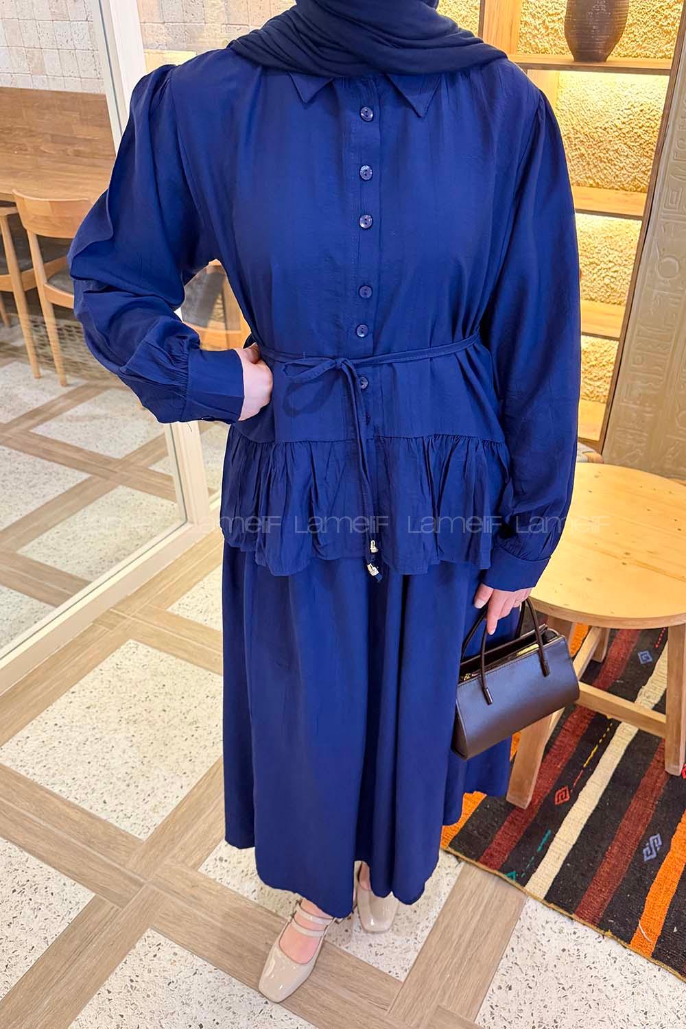 Lamelif Etek Ucu Pileli Bağlamalı Takım Lacivert