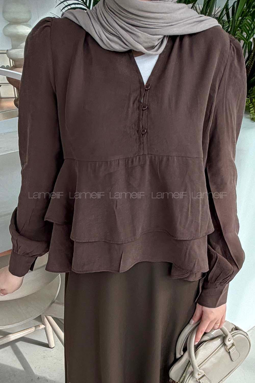 Lamelif Fırfırlı Bluz Acı Kahve